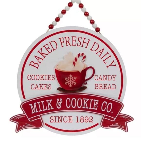 Milk & Cookie Beaded Wood Wall Decor Red and White Holiday Sign - Picture 3 of 4